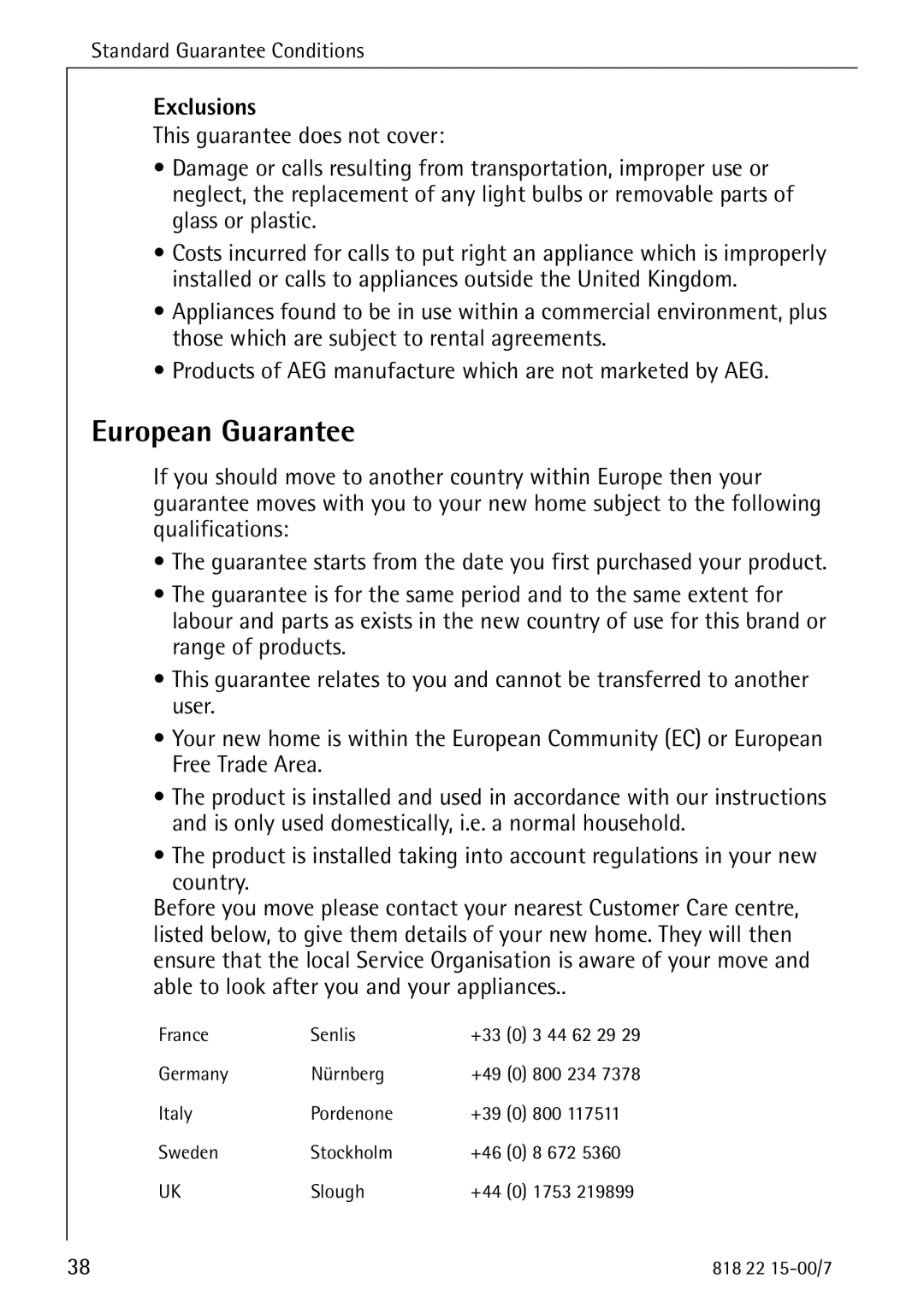 Electrolux SANTO 3843 manual European Guarantee, Exclusions, Products of AEG manufacture which are not marketed by AEG 