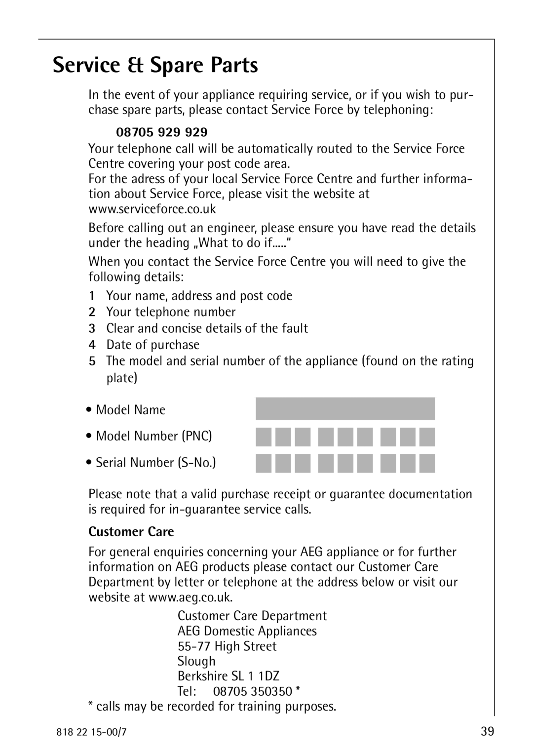 Electrolux SANTO 3843 manual Service & Spare Parts, 08705 929, Customer Care 