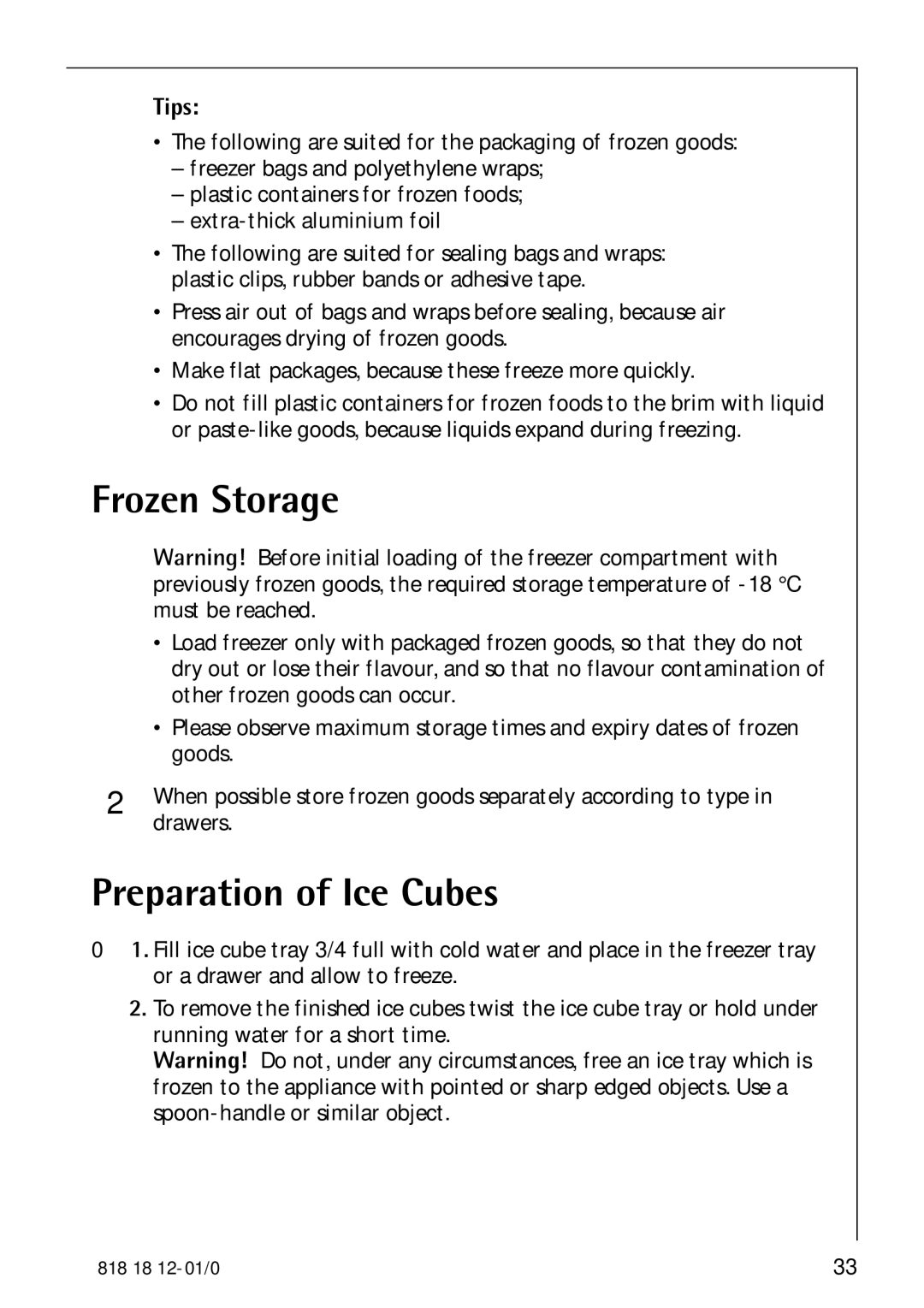 Electrolux SANTO 4085-8 KG manual Frozen Storage, Preparation of Ice Cubes, Tips 