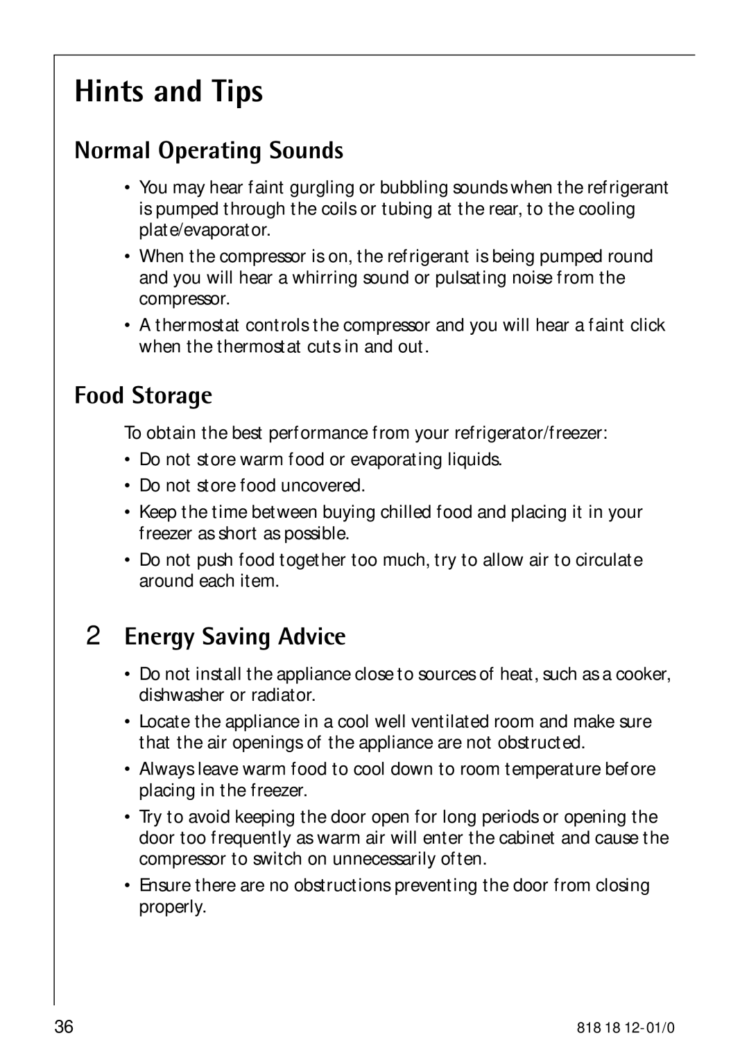 Electrolux SANTO 4085-8 KG manual Hints and Tips, Normal Operating Sounds, Food Storage, Energy Saving Advice 