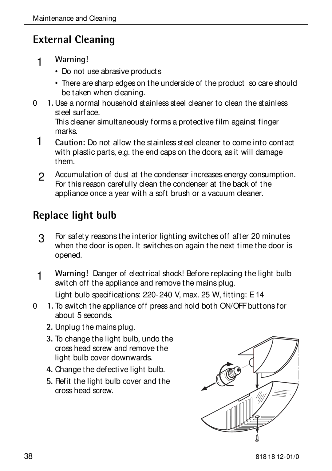 Electrolux SANTO 4085-8 KG manual External Cleaning, Replace light bulb 