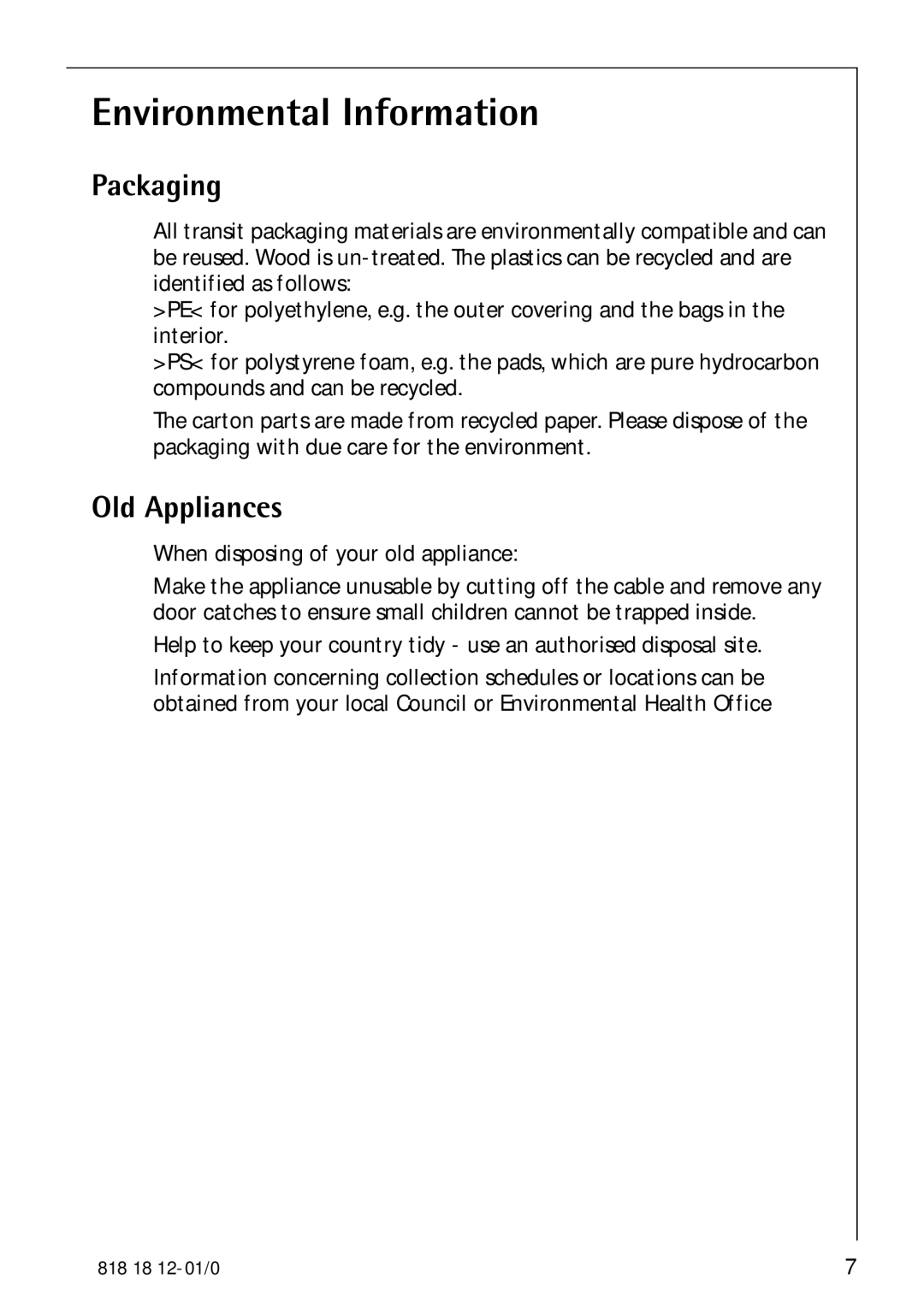 Electrolux SANTO 4085-8 KG manual Environmental Information, Packaging, Old Appliances 