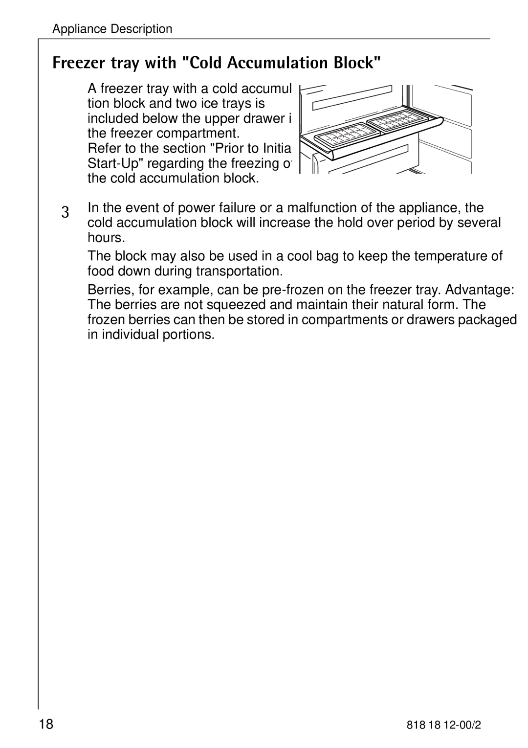 Electrolux SANTO 4085 operating instructions Freezer tray with Cold Accumulation Block 