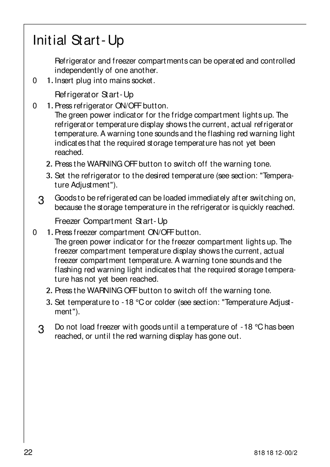 Electrolux SANTO 4085 operating instructions Initial Start-Up, Refrigerator Start-Up, Freezer Compartment Start-Up 