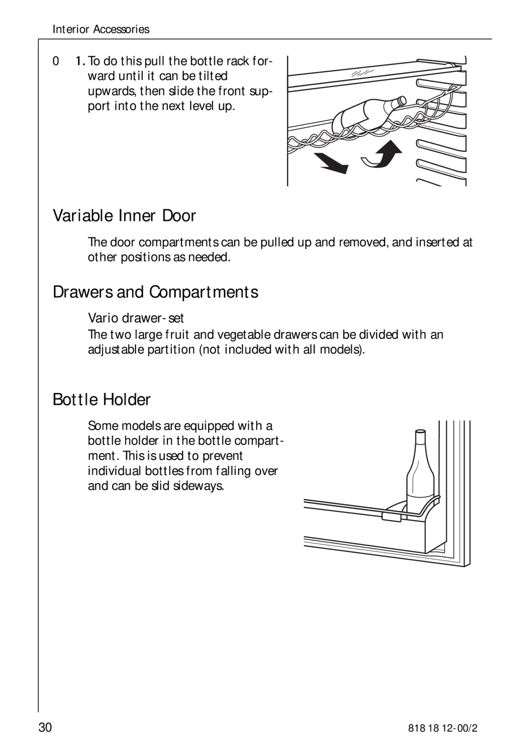 Electrolux SANTO 4085 operating instructions Variable Inner Door, Drawers and Compartments, Bottle Holder, Vario drawer-set 