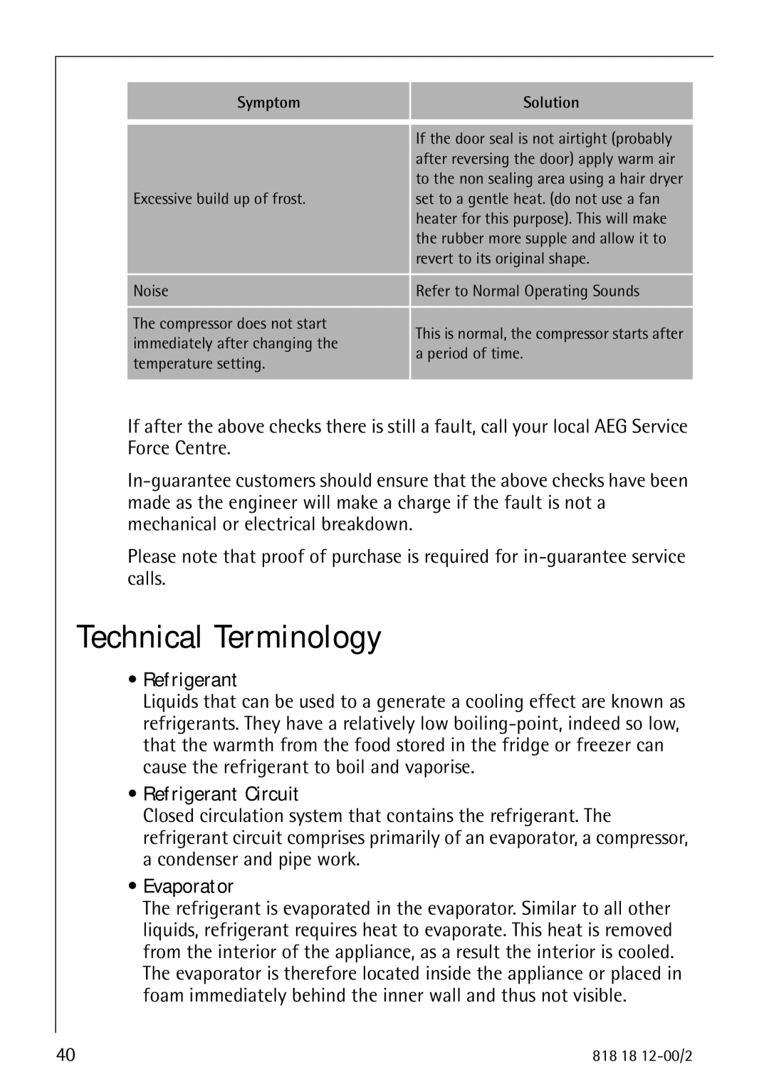 Electrolux SANTO 4085 operating instructions Technical Terminology, Refrigerant Circuit, Evaporator 