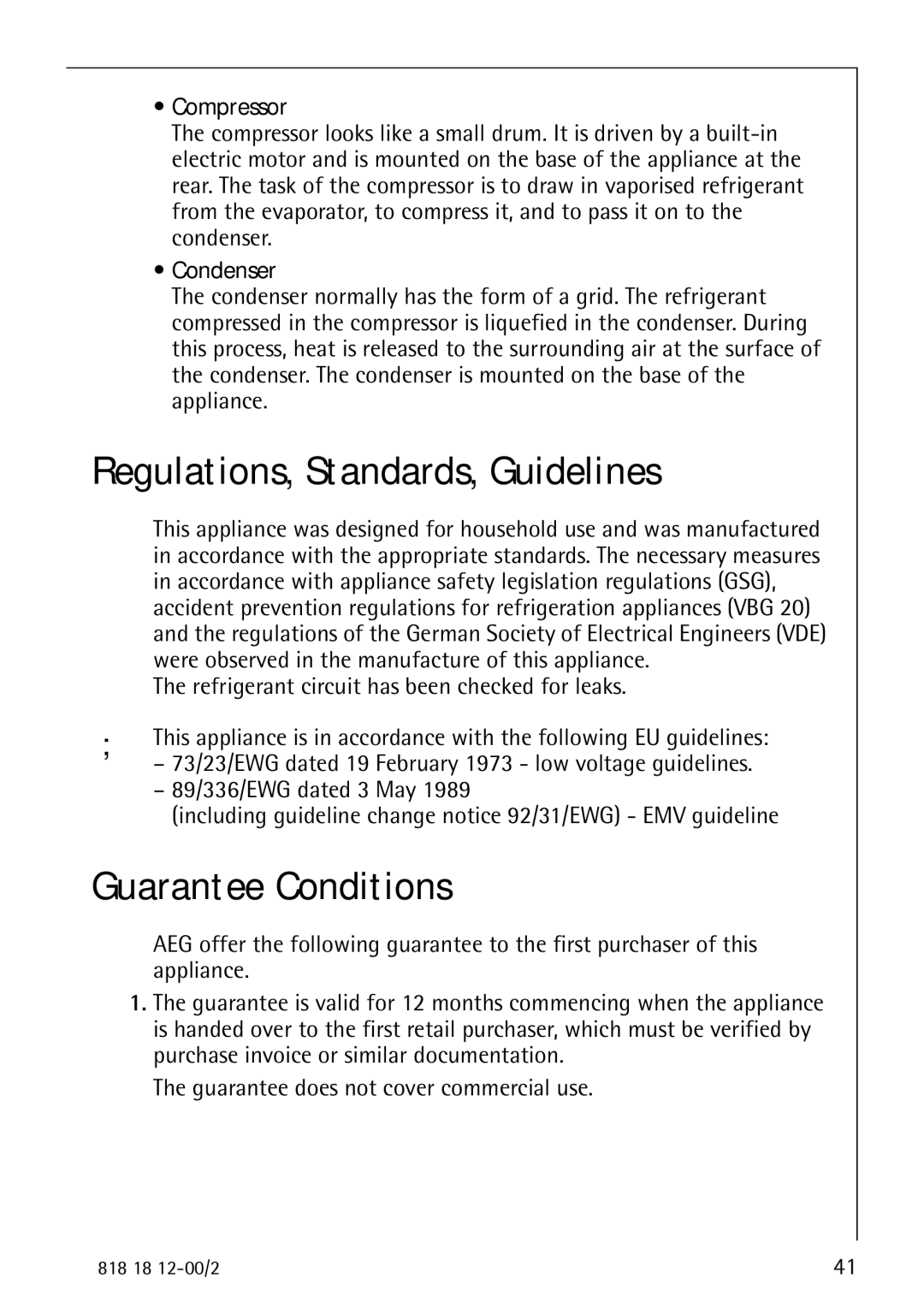 Electrolux SANTO 4085 Regulations, Standards, Guidelines, Guarantee Conditions, Compressor, Condenser 