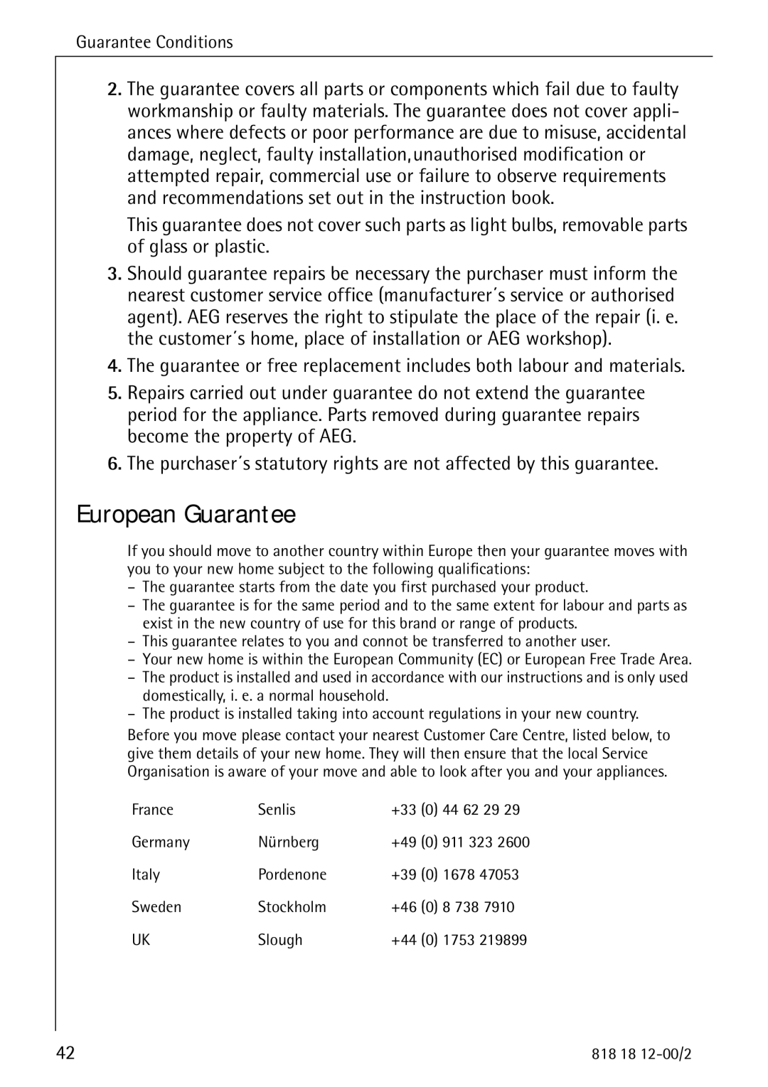 Electrolux SANTO 4085 operating instructions European Guarantee 