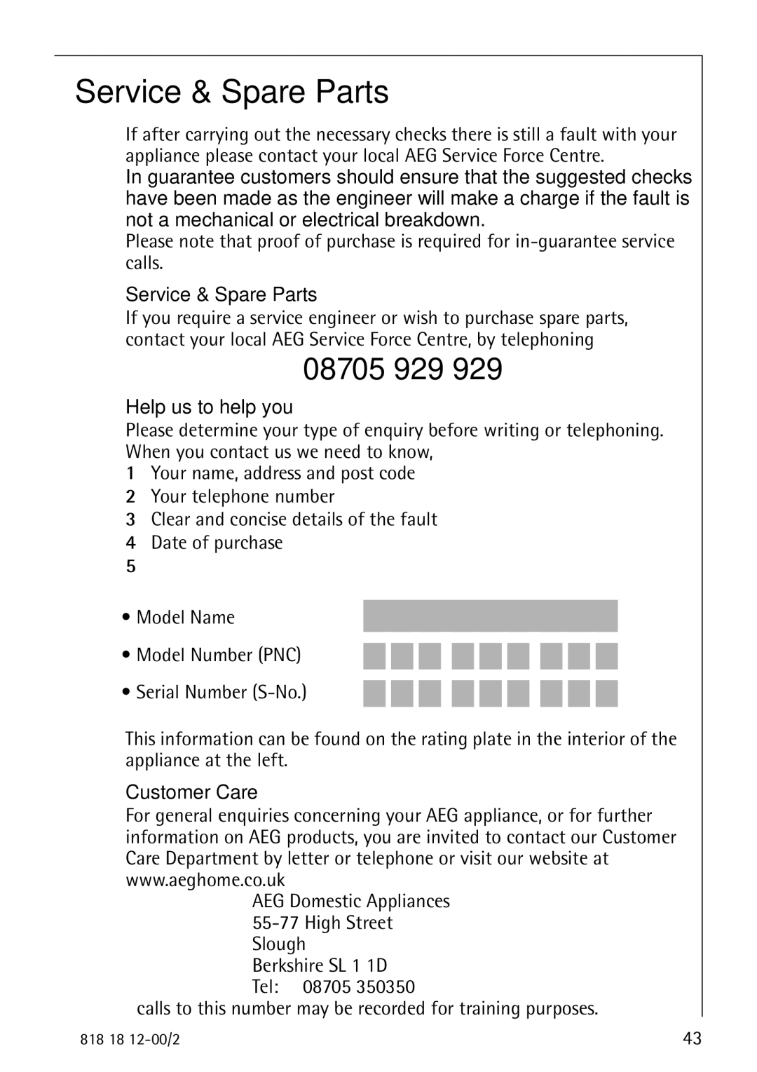 Electrolux SANTO 4085 operating instructions Service & Spare Parts, Help us to help you, Customer Care 