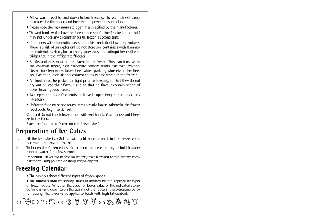 Electrolux SANTO 70288 manual Preparation of Ice Cubes, Freezing Calendar, Symbols show different types of frozen goods 