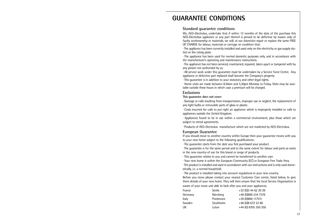 Electrolux SANTO 70288 manual Guarantee Conditions 