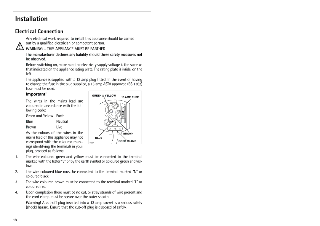 Electrolux SANTO 70288 manual Installation, Electrical Connection 