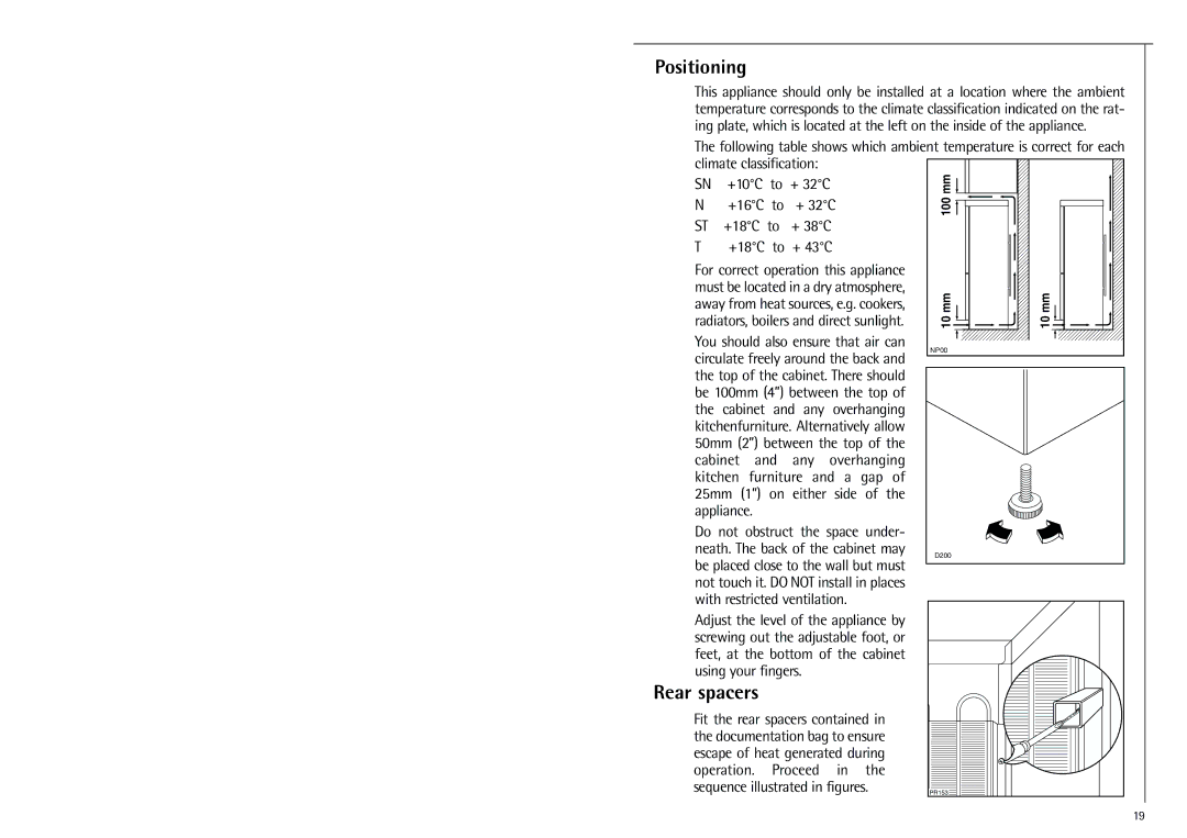 Electrolux SANTO 70288 manual Rear spacers, Positioning 