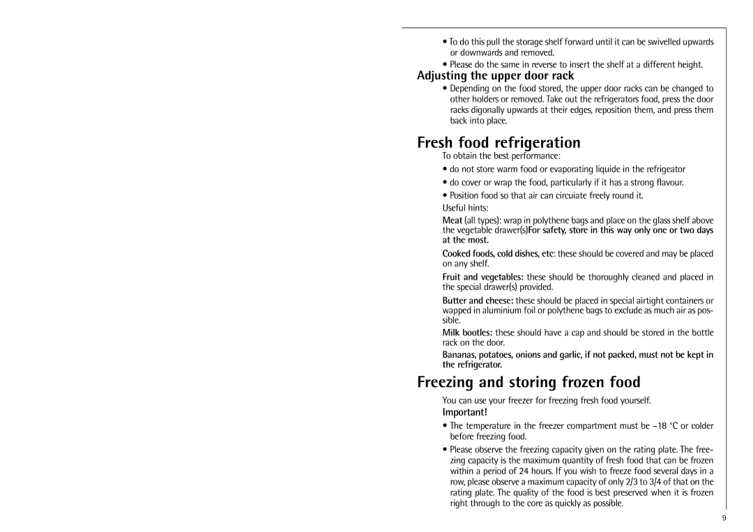 Electrolux SANTO 70288 manual Fresh food refrigeration, Freezing and storing frozen food, Adjusting the upper door rack 