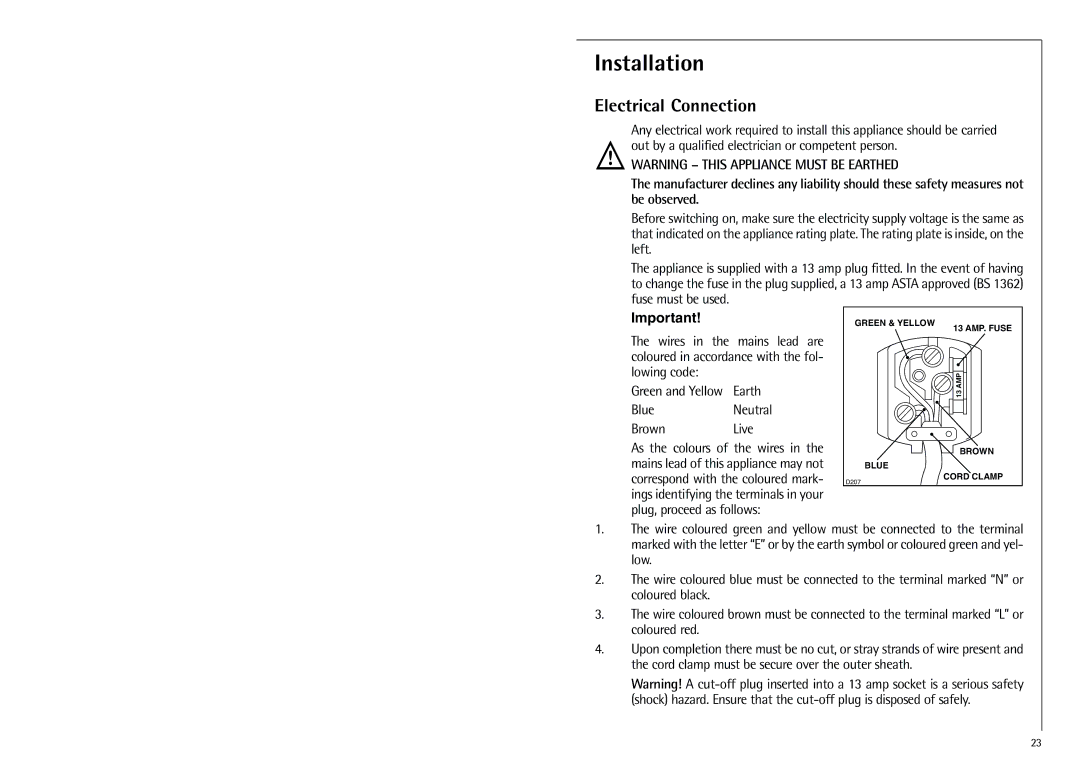 Electrolux SANTO 70312 manual Installation, Electrical Connection 