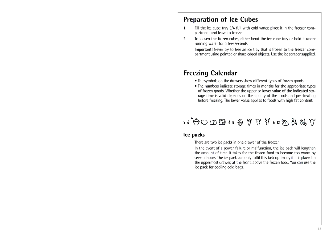 Electrolux SANTO 70348 KG manual Preparation of Ice Cubes, Freezing Calendar, Ice packs 