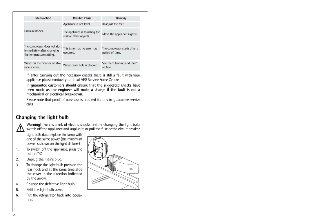 Electrolux SANTO 70348 KG manual Changing the light bulb 