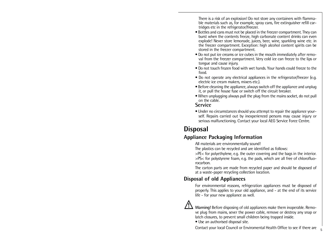 Electrolux SANTO 70348 KG manual Service, Appliance Packaging Information, Disposal of old Appliances 