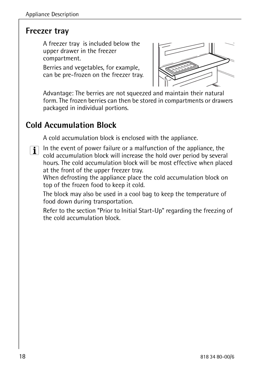 Electrolux SANTO 70388 KG manual Freezer tray, Cold Accumulation Block 