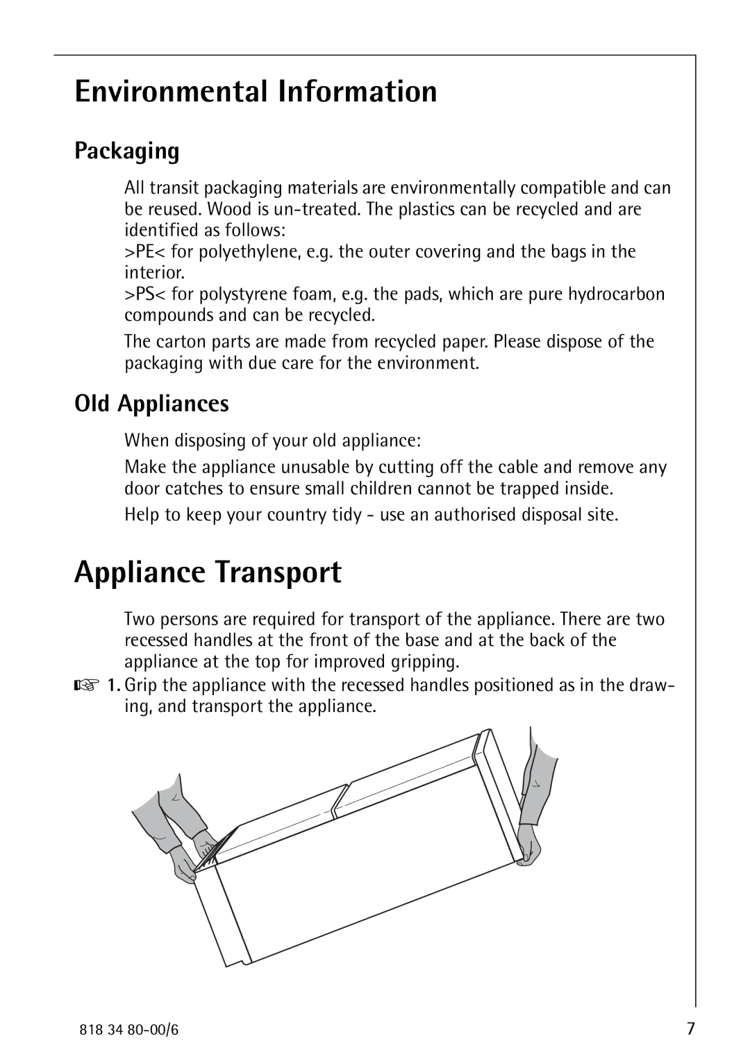 Electrolux SANTO 70388 KG manual Environmental Information, Appliance Transport, Packaging, Old Appliances 