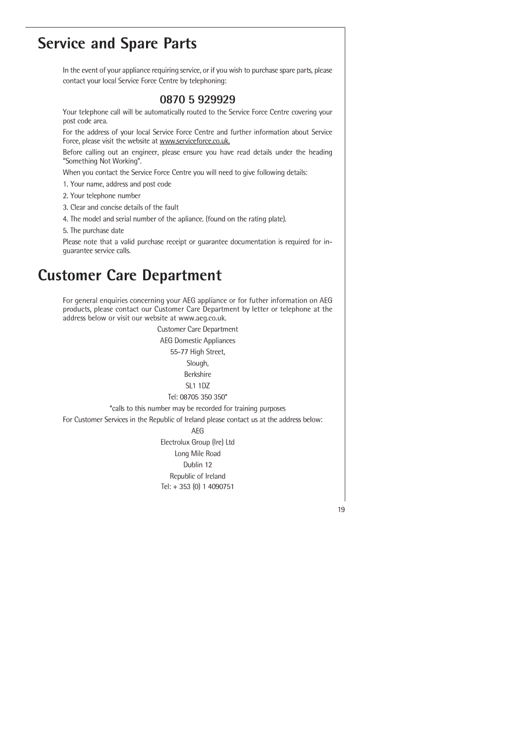 Electrolux SANTO 70398-DT manual Service and Spare Parts, Customer Care Department, 0870 5 