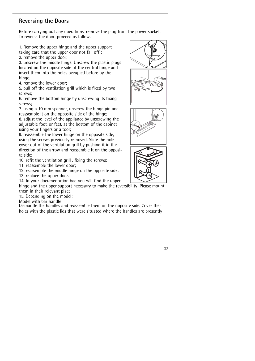 Electrolux SANTO 70398-DT manual Reversing the Doors, Remove the upper door 