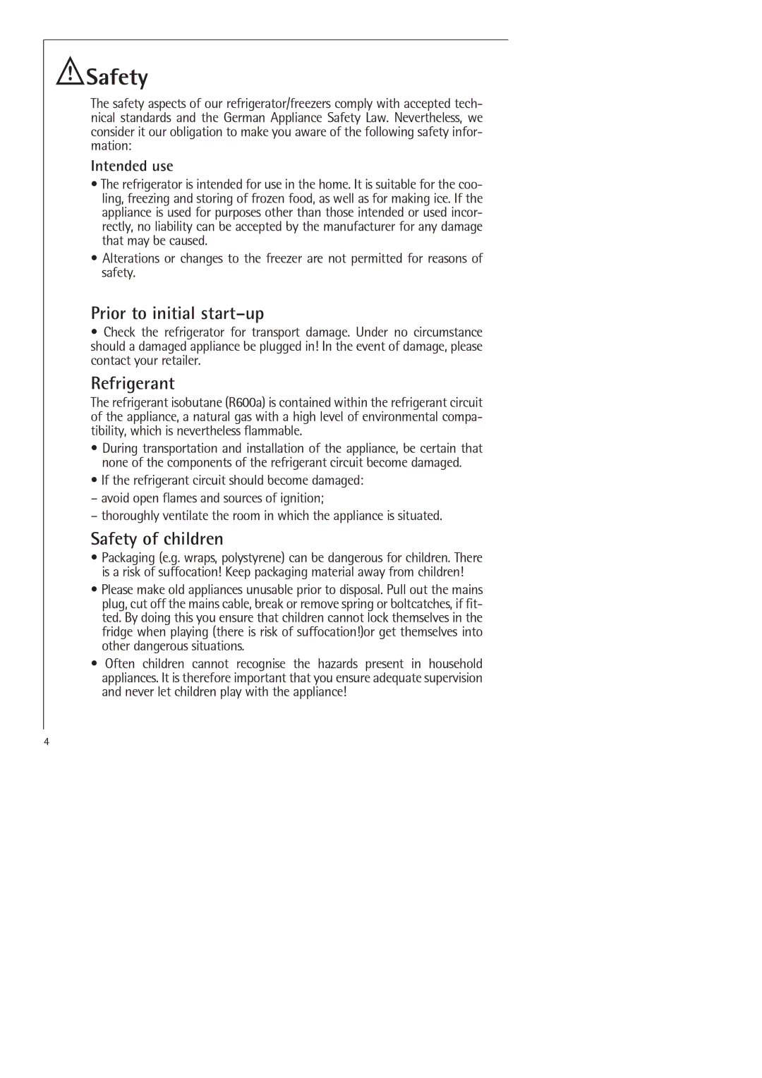 Electrolux SANTO 70398-DT manual Prior to initial start-up, Refrigerant, Safety of children 