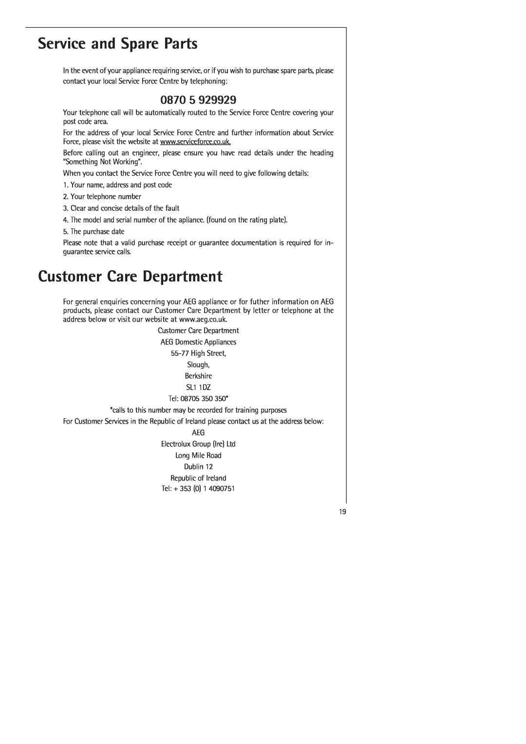 Electrolux SANTO 70398-DT manual Service and Spare Parts, Customer Care Department, 0870 5 