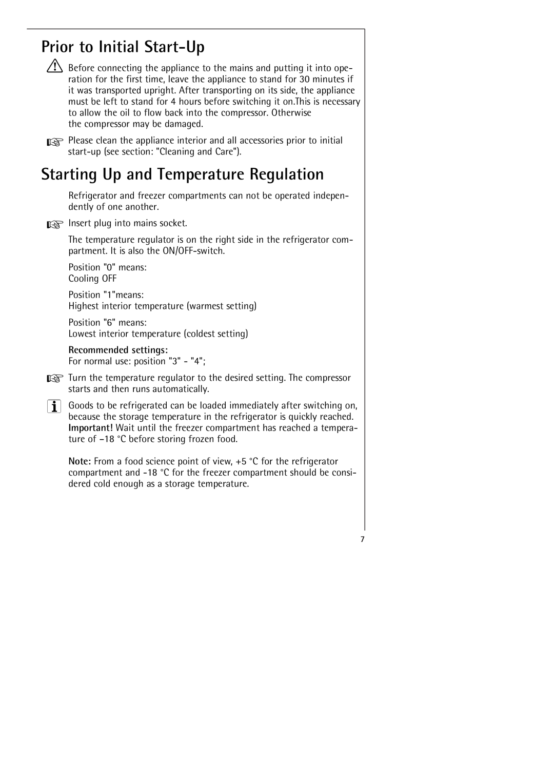 Electrolux SANTO 70398-DT manual Prior to Initial Start-Up, Starting Up and Temperature Regulation 