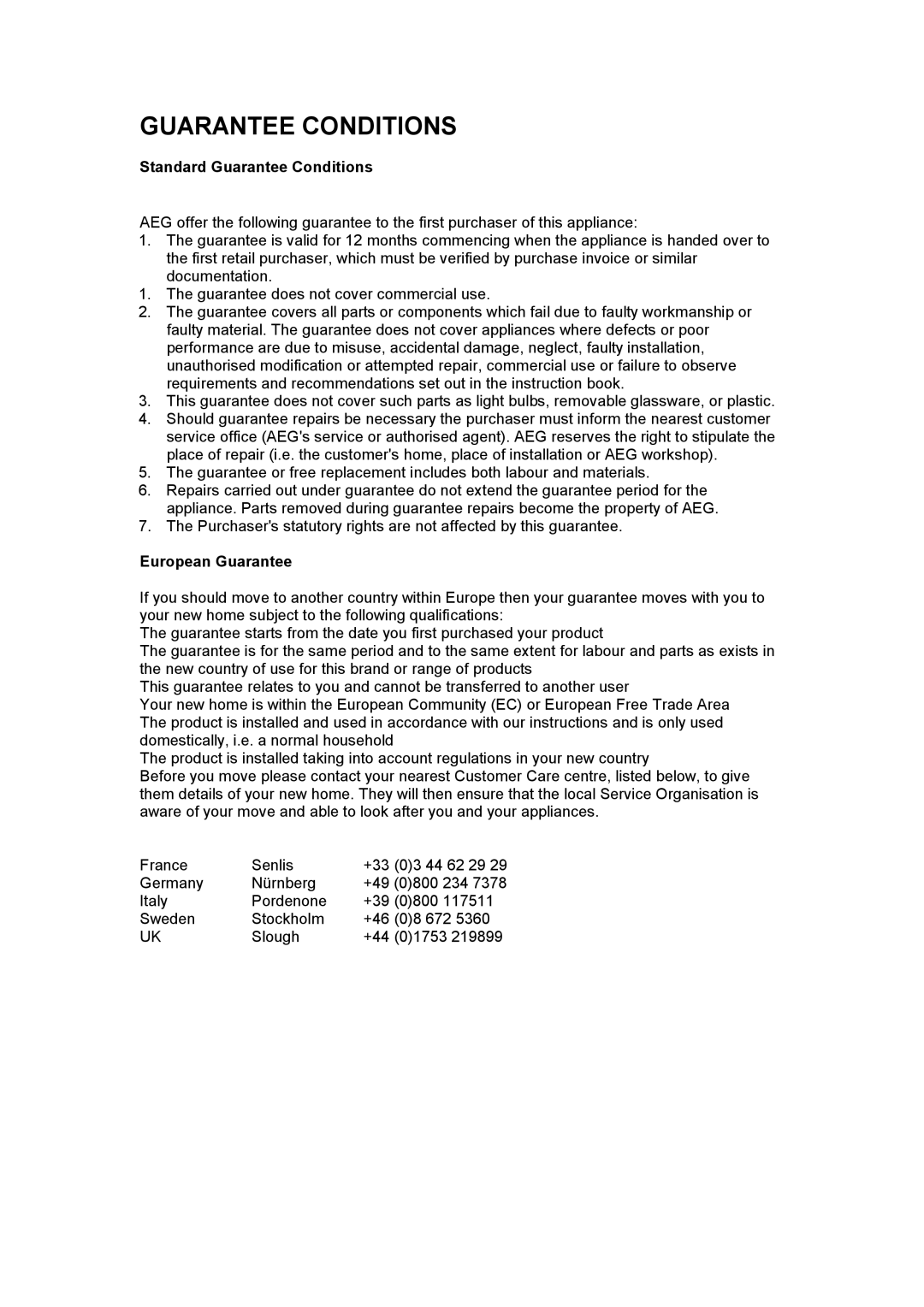 Electrolux SANTO 7088KG, SANTO 7085KG installation instructions Guarantee Conditions 