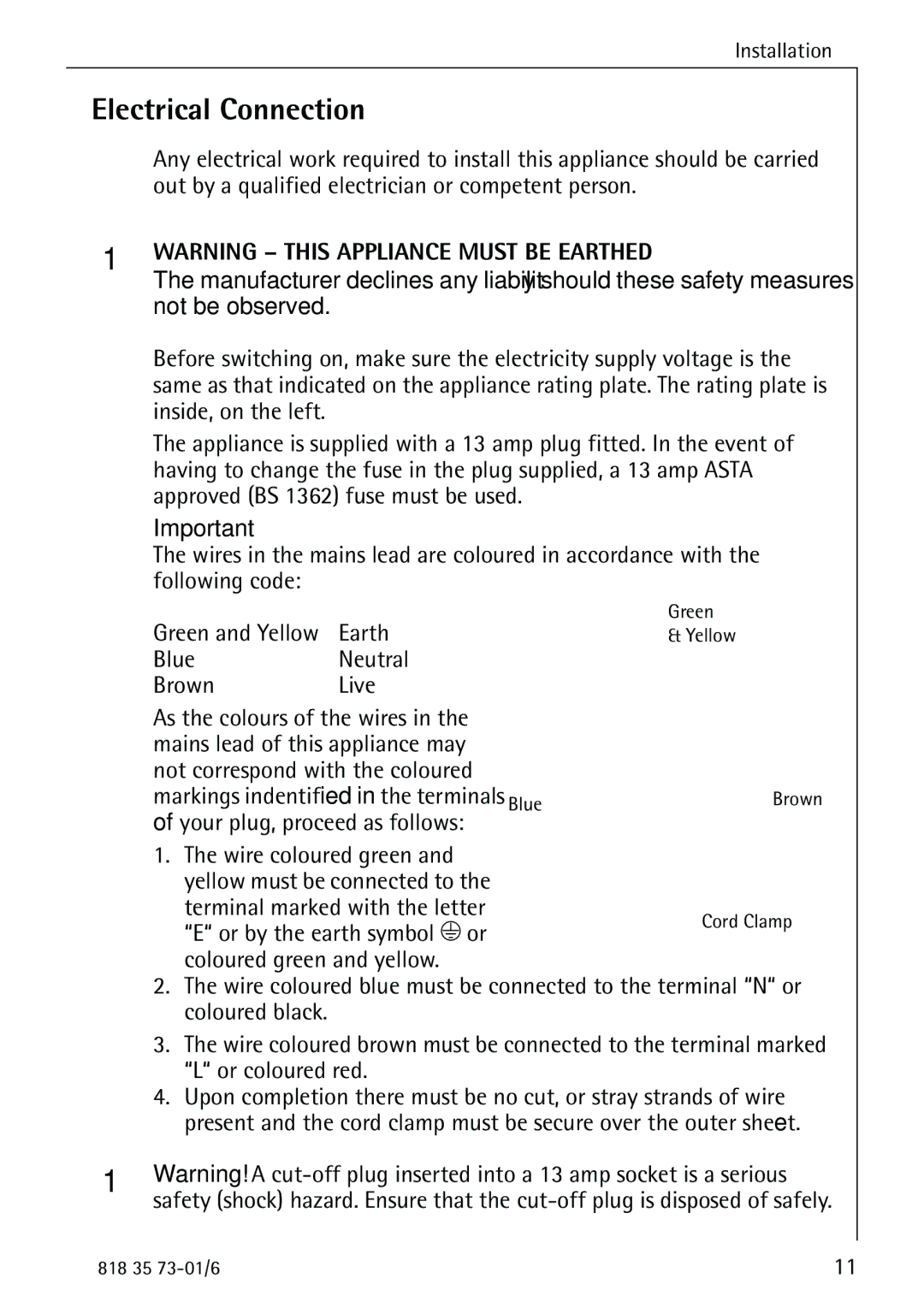 Electrolux SANTO 72340 KA operating instructions Electrical Connection 