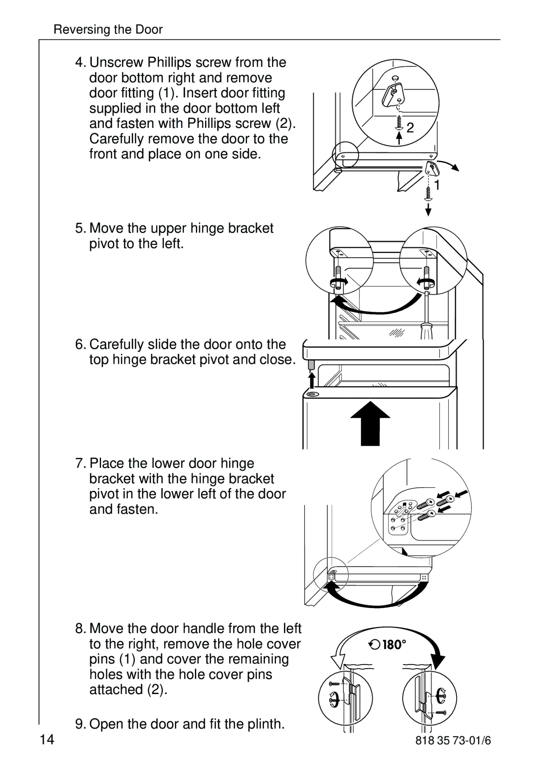 Electrolux SANTO 72340 KA operating instructions Move the upper hinge bracket pivot to the left 