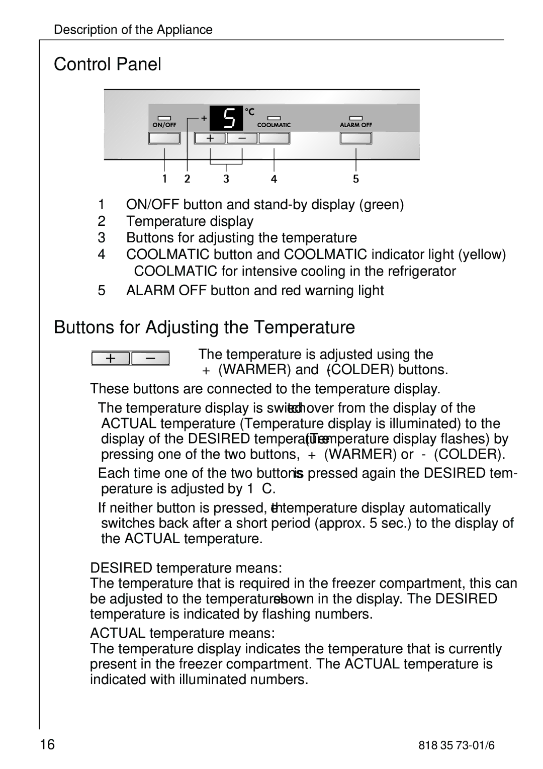 Electrolux SANTO 72340 KA operating instructions Control Panel, Buttons for Adjusting the Temperature 