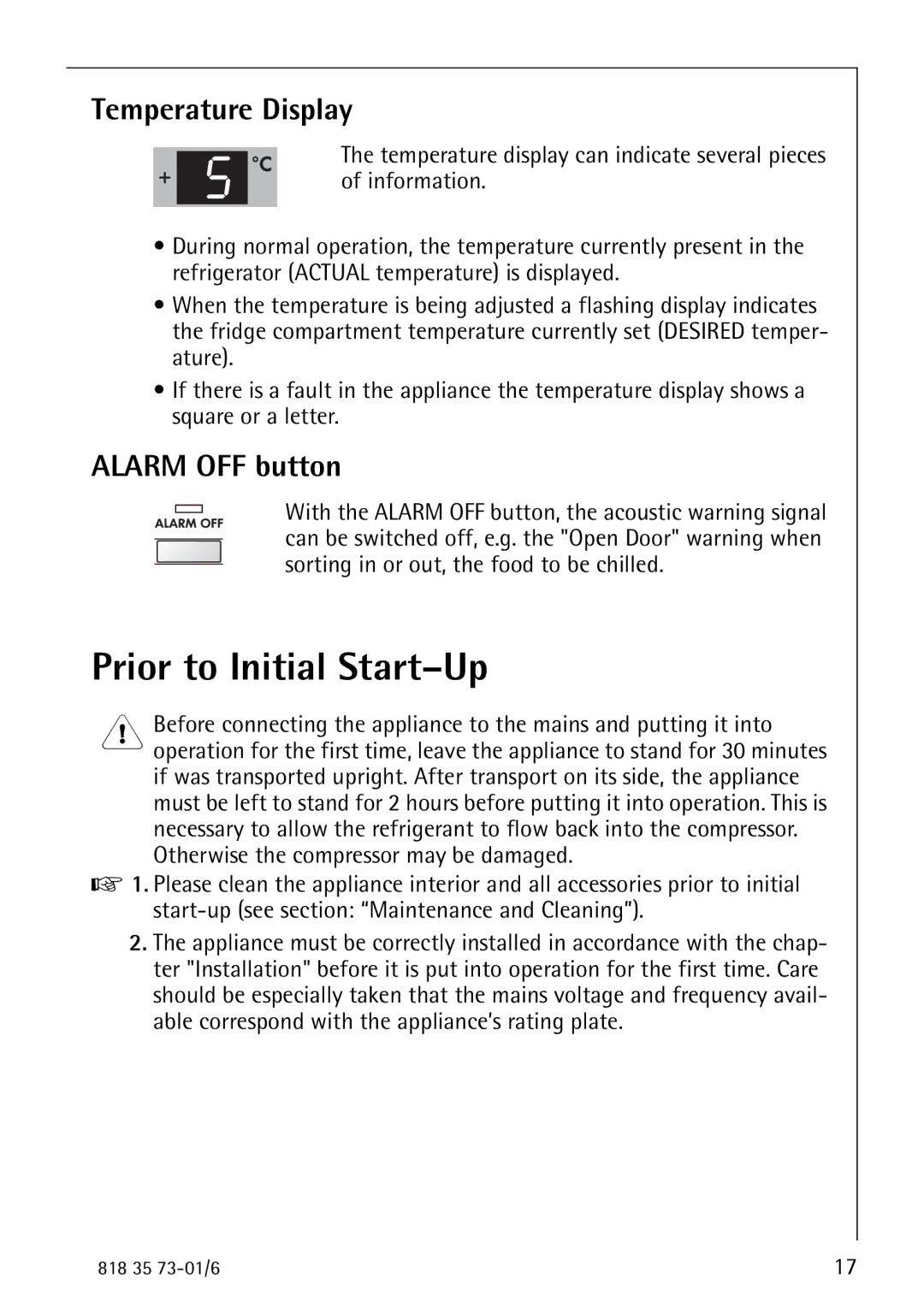 Electrolux SANTO 72340 KA operating instructions Prior to Initial Start-Up, Temperature Display, Alarm OFF button 