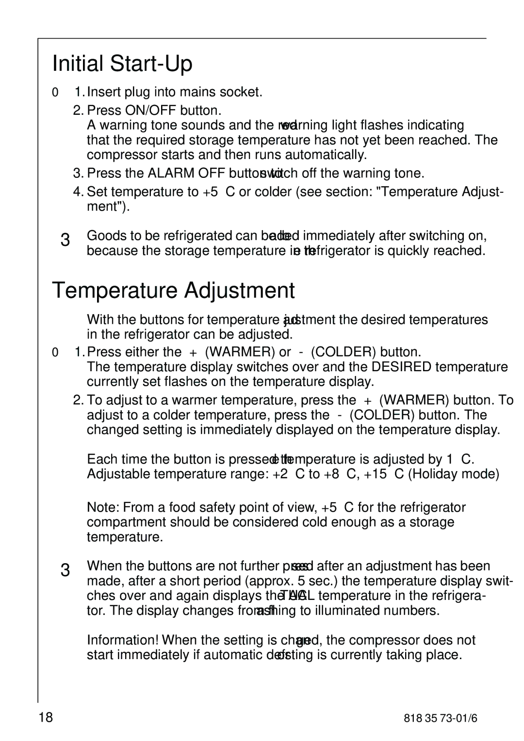 Electrolux SANTO 72340 KA operating instructions Initial Start-Up, Temperature Adjustment 