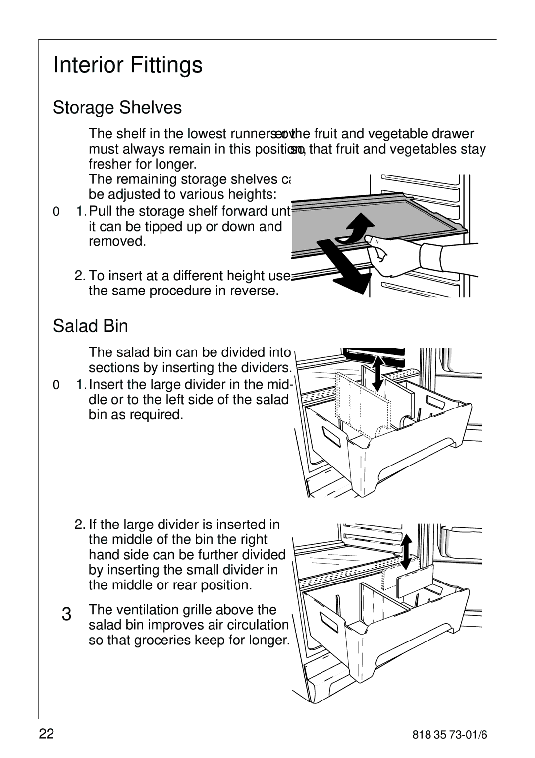 Electrolux SANTO 72340 KA operating instructions Interior Fittings, Storage Shelves, Salad Bin 