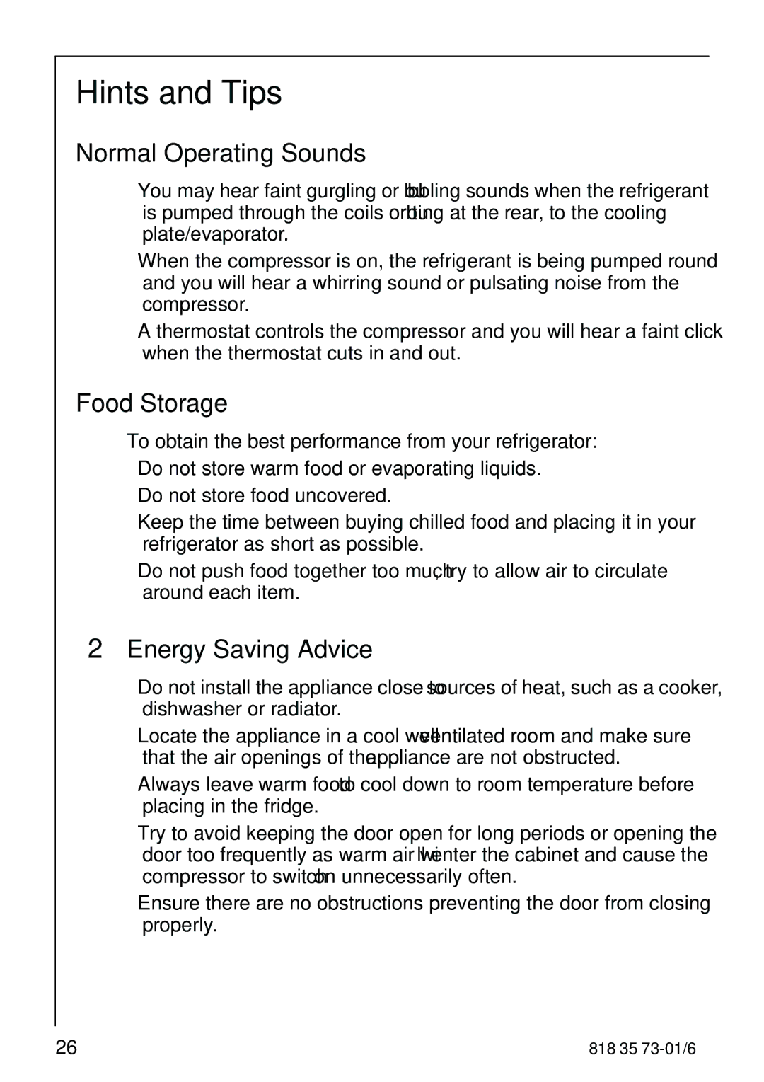 Electrolux SANTO 72340 KA Hints and Tips, Normal Operating Sounds, Food Storage, Energy Saving Advice 