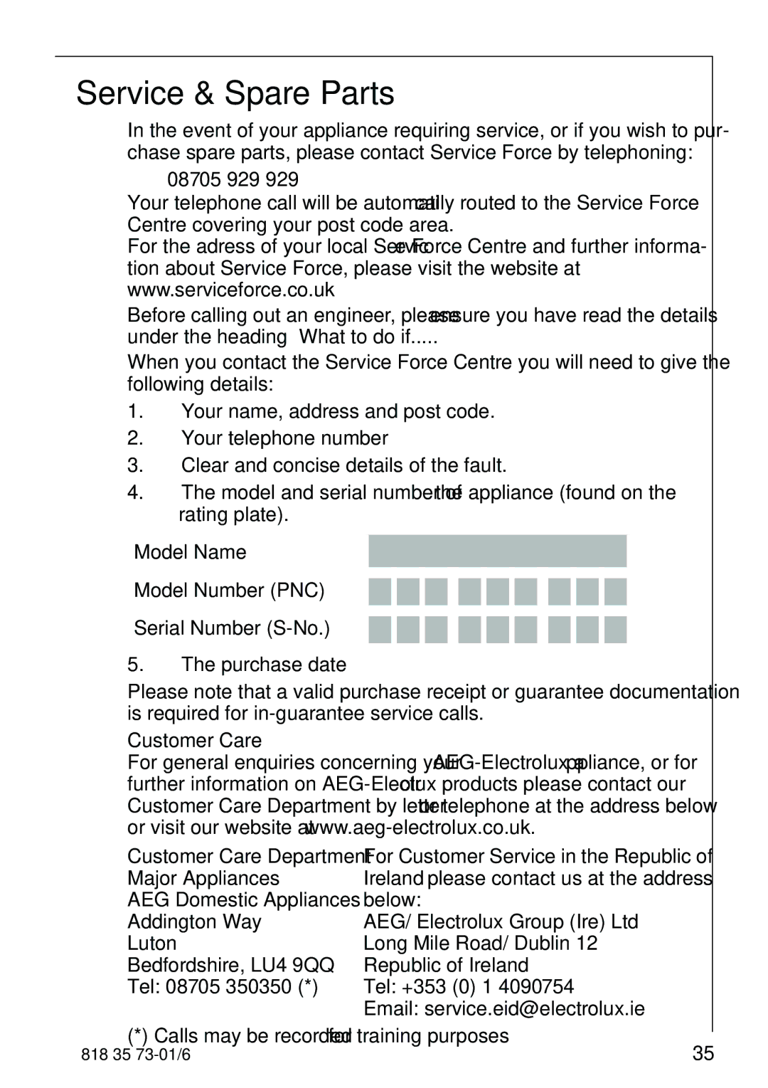 Electrolux SANTO 72340 KA operating instructions Service & Spare Parts, 08705 929, Customer Care 