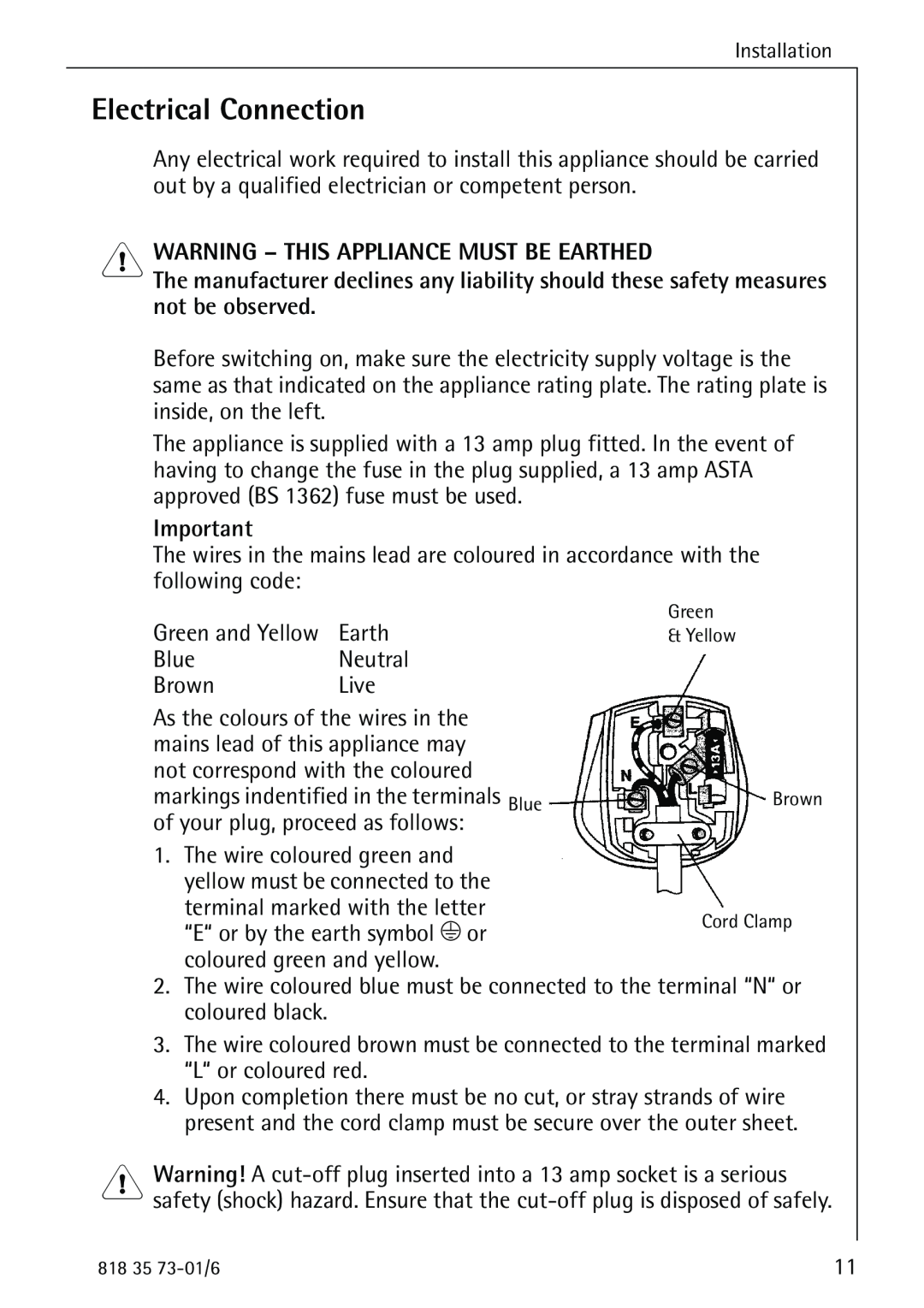 Electrolux SANTO 72340 KA operating instructions Electrical Connection, Warning - This Appliance Must Be Earthed 
