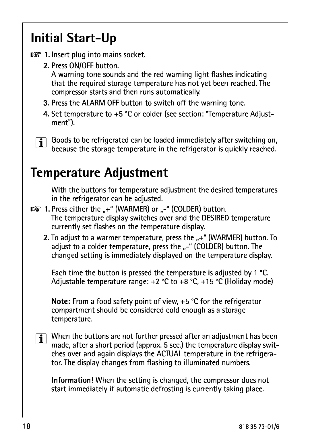 Electrolux SANTO 72340 KA operating instructions Initial Start-Up, Temperature Adjustment 