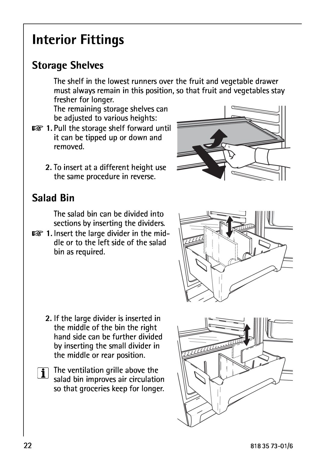 Electrolux SANTO 72340 KA operating instructions Interior Fittings, Storage Shelves, Salad Bin 