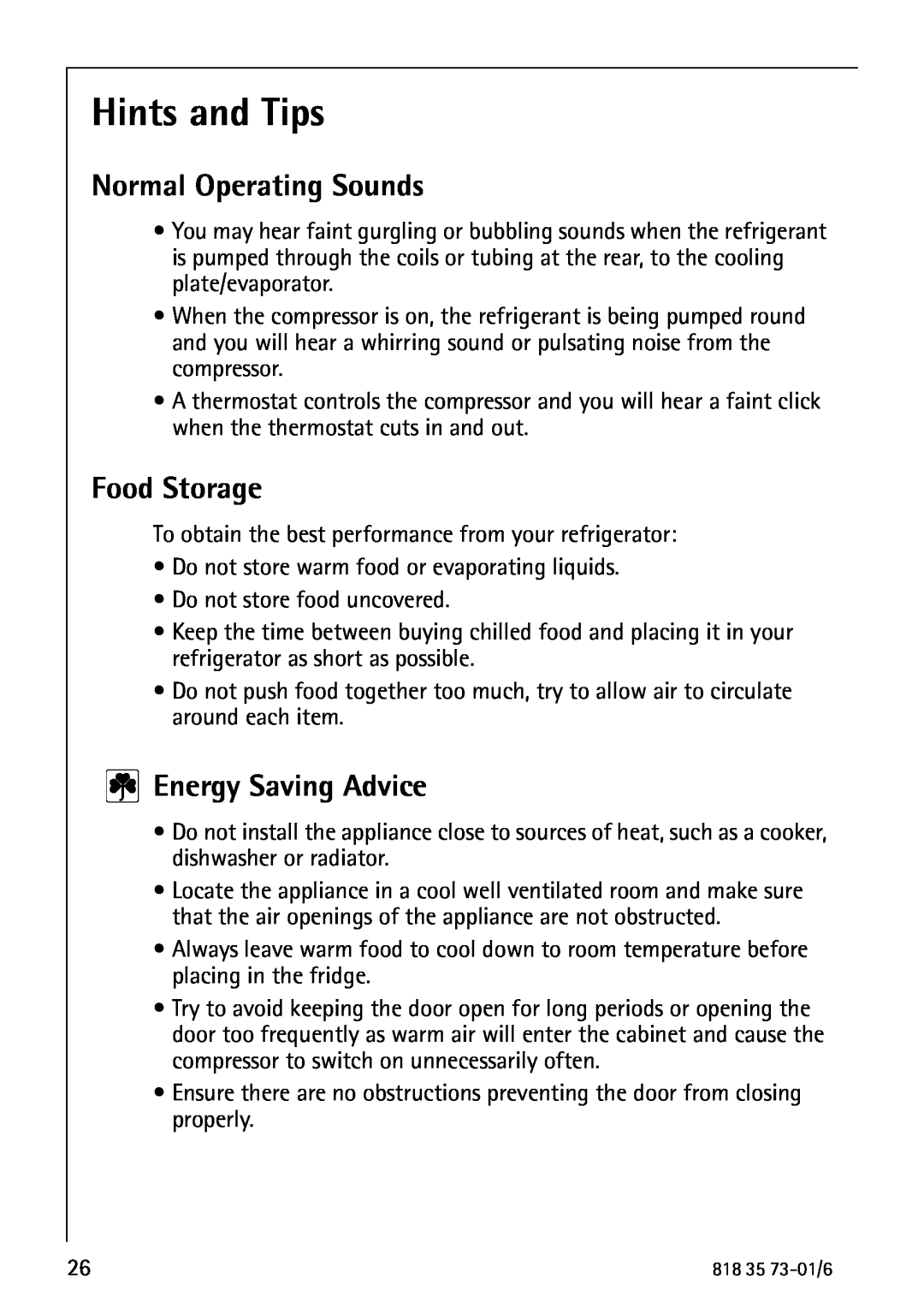 Electrolux SANTO 72340 KA Hints and Tips, Normal Operating Sounds, Food Storage, Energy Saving Advice 