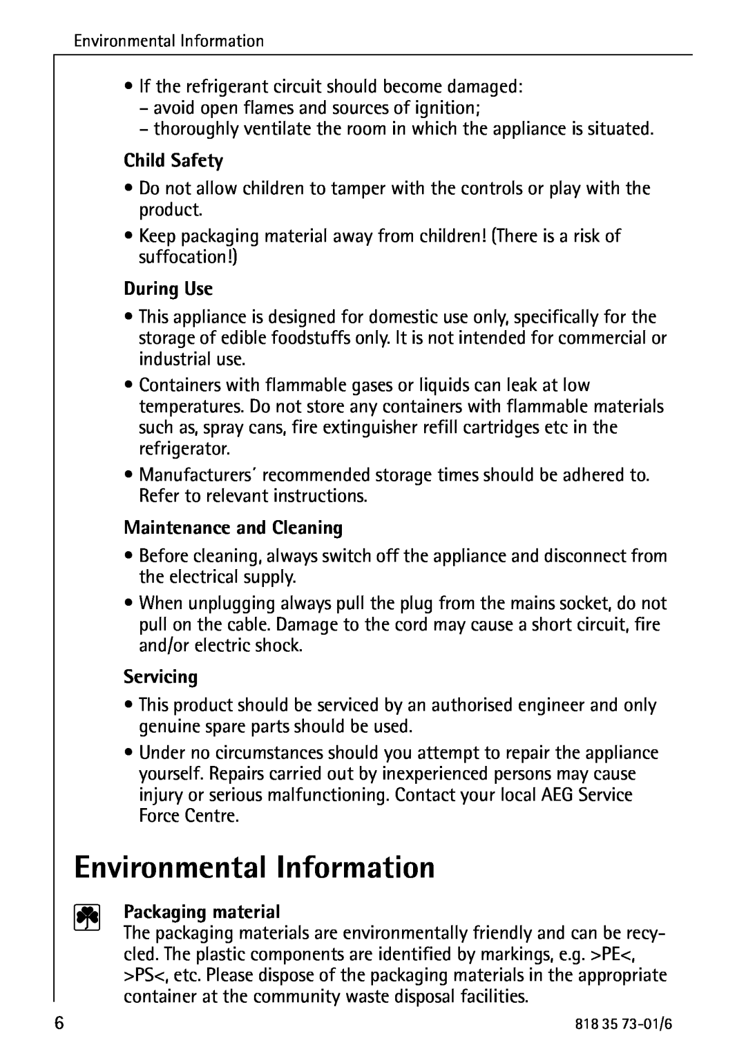 Electrolux SANTO 72340 KA Environmental Information, Child Safety, During Use, Maintenance and Cleaning, Servicing 
