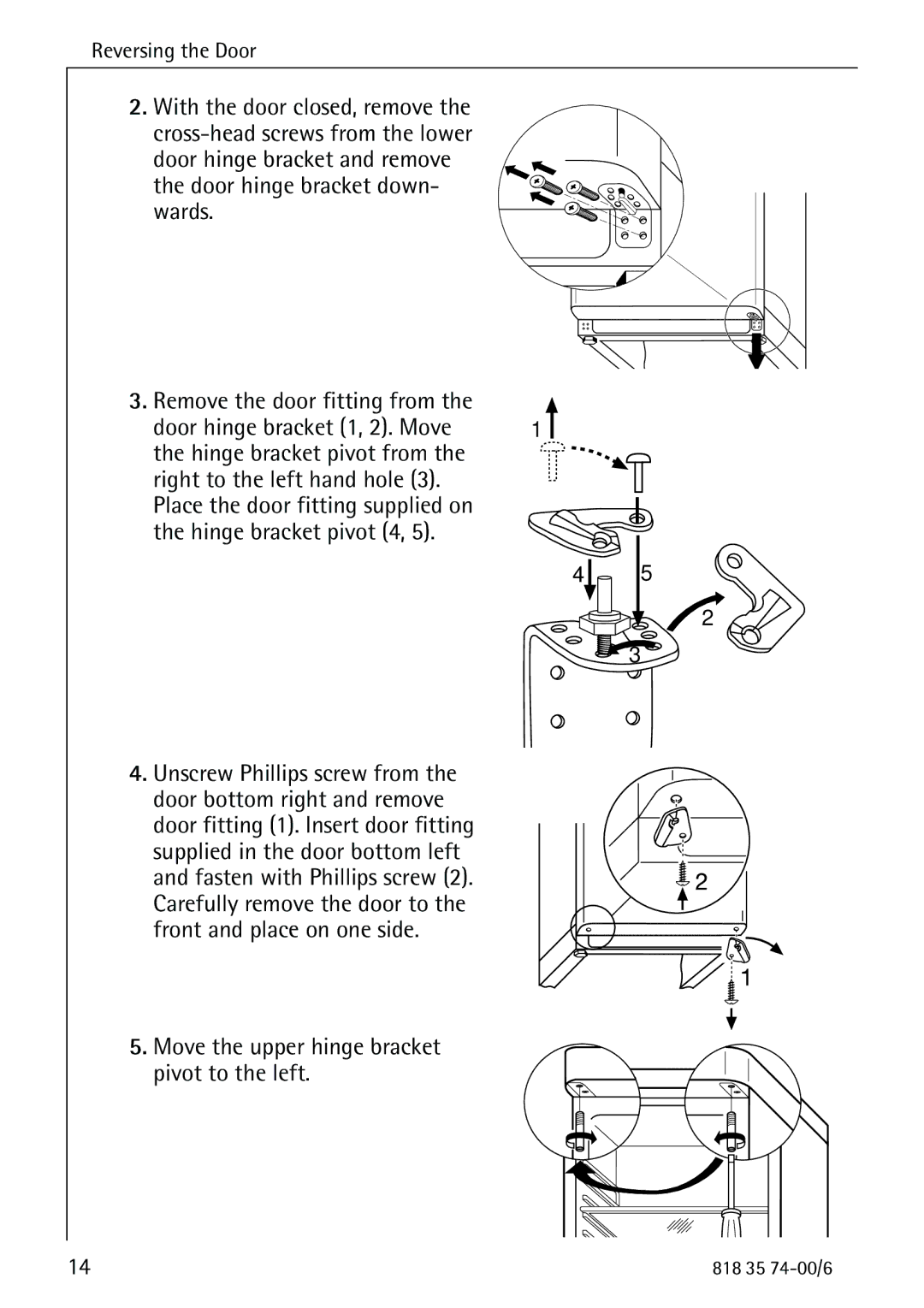 Electrolux SANTO 72348 KA manual Unscrew Phillips screw from, Move the upper hinge bracket Pivot to the left 