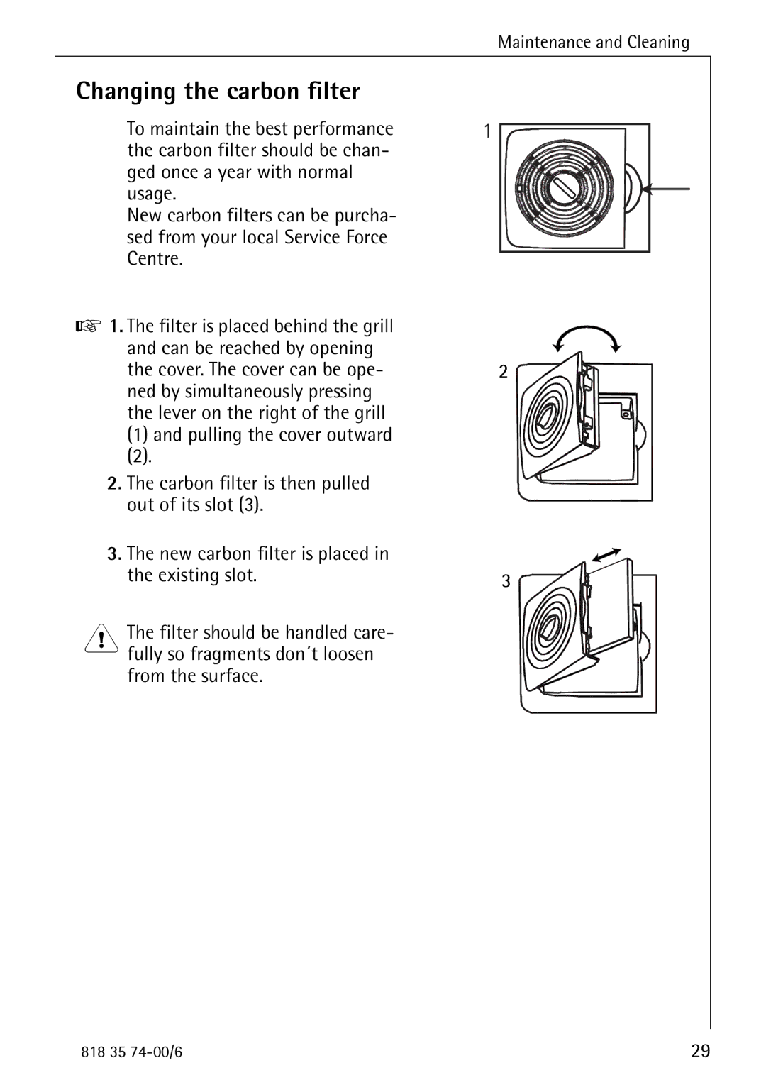 Electrolux SANTO 72348 KA manual Changing the carbon filter 