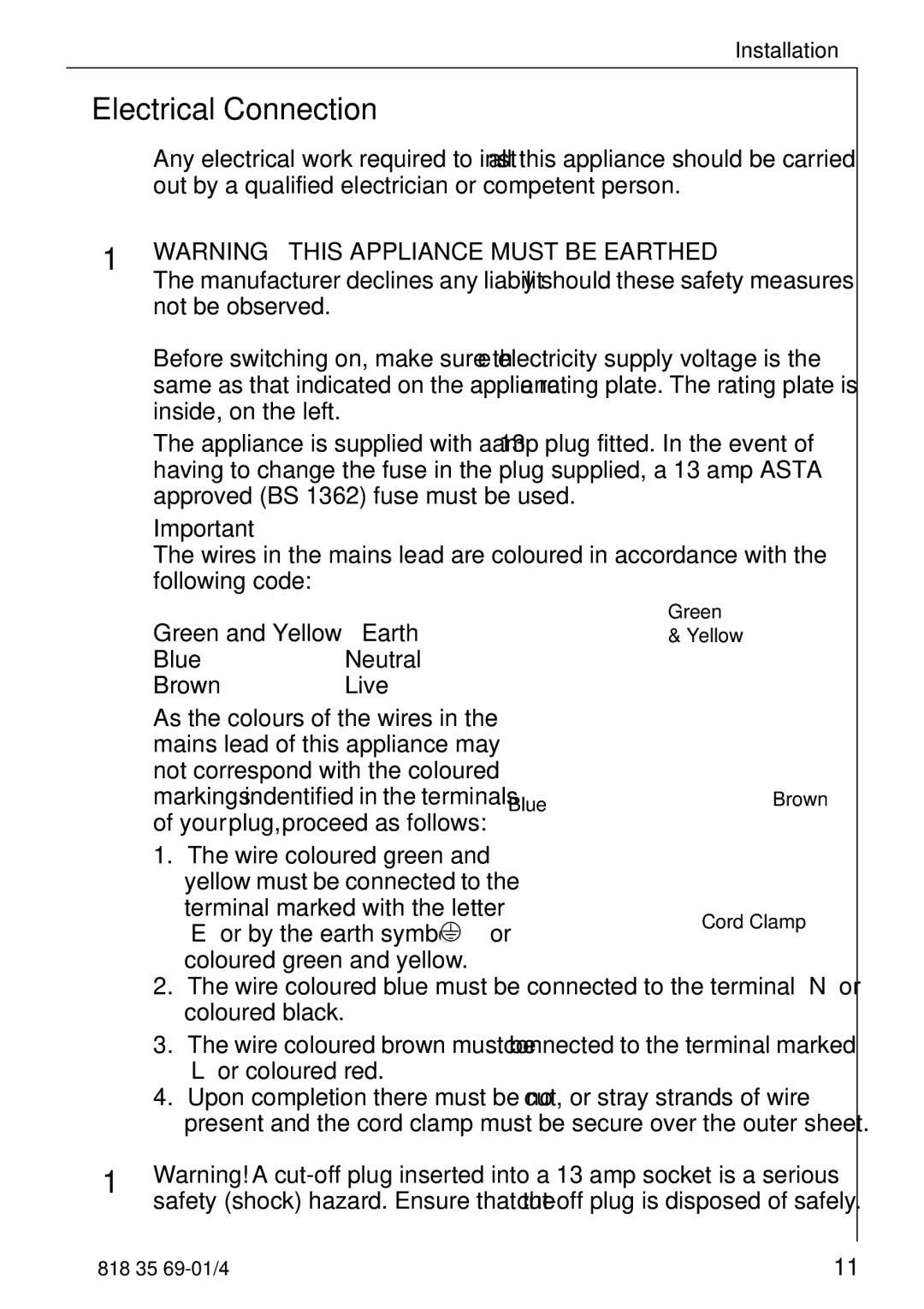 Electrolux SANTO 72358 KA1 manual Electrical Connection 