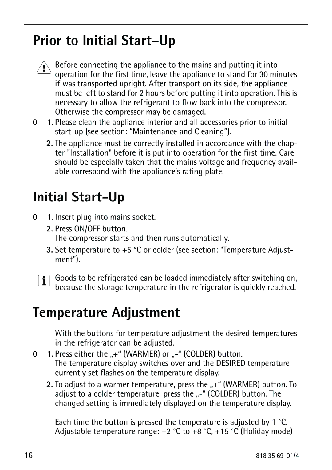 Electrolux SANTO 72358 KA1 manual Prior to Initial Start-Up, Temperature Adjustment 