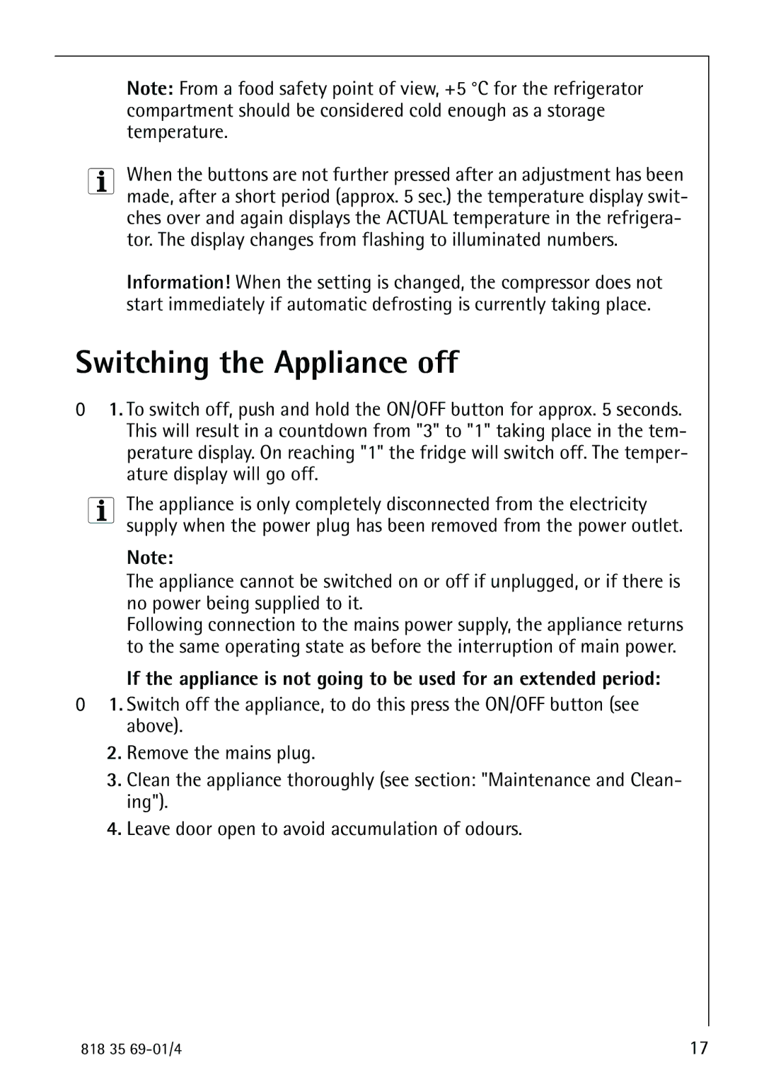 Electrolux SANTO 72358 KA1 manual Switching the Appliance off 