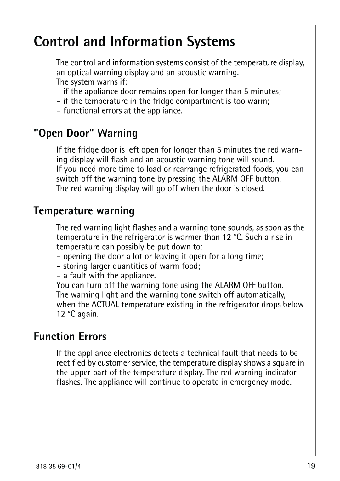 Electrolux SANTO 72358 KA1 manual Control and Information Systems, Open Door Warning, Temperature warning, Function Errors 