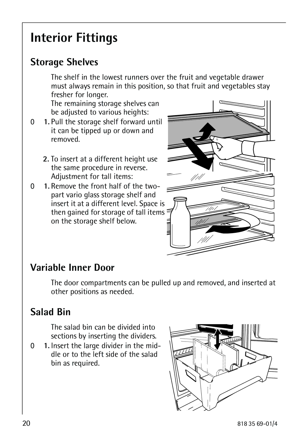 Electrolux SANTO 72358 KA1 manual Interior Fittings, Storage Shelves, Variable Inner Door, Salad Bin 